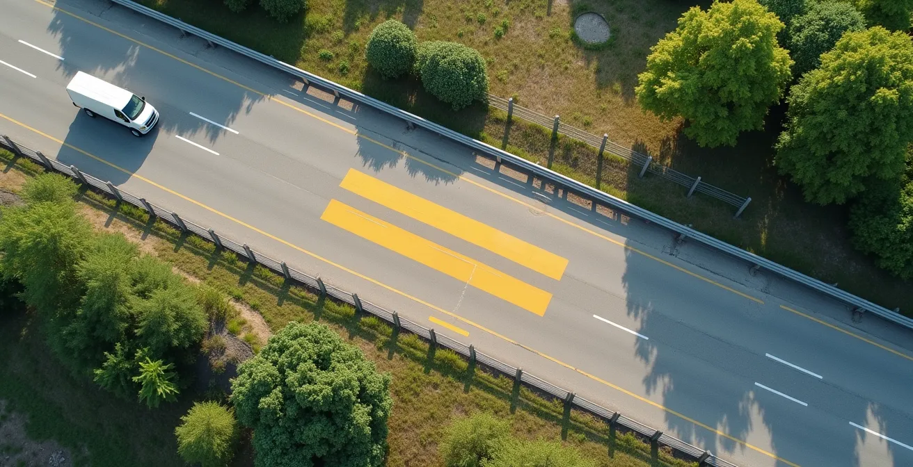 Aerial view showing safe zones away from highway for emergency evacuation
