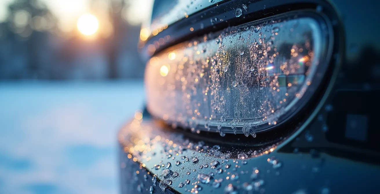 Macro view of an ice-covered radar sensor on a vehicle's rear bumper