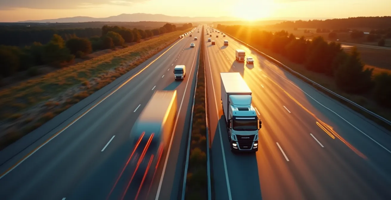 Aerial view of a stranded truck on a highway with abstract ripple patterns showing the impact on the supply chain