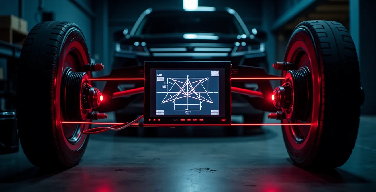 Close-up of suspension geometry measurement tools showing caster and camber angles on a lifted vehicle