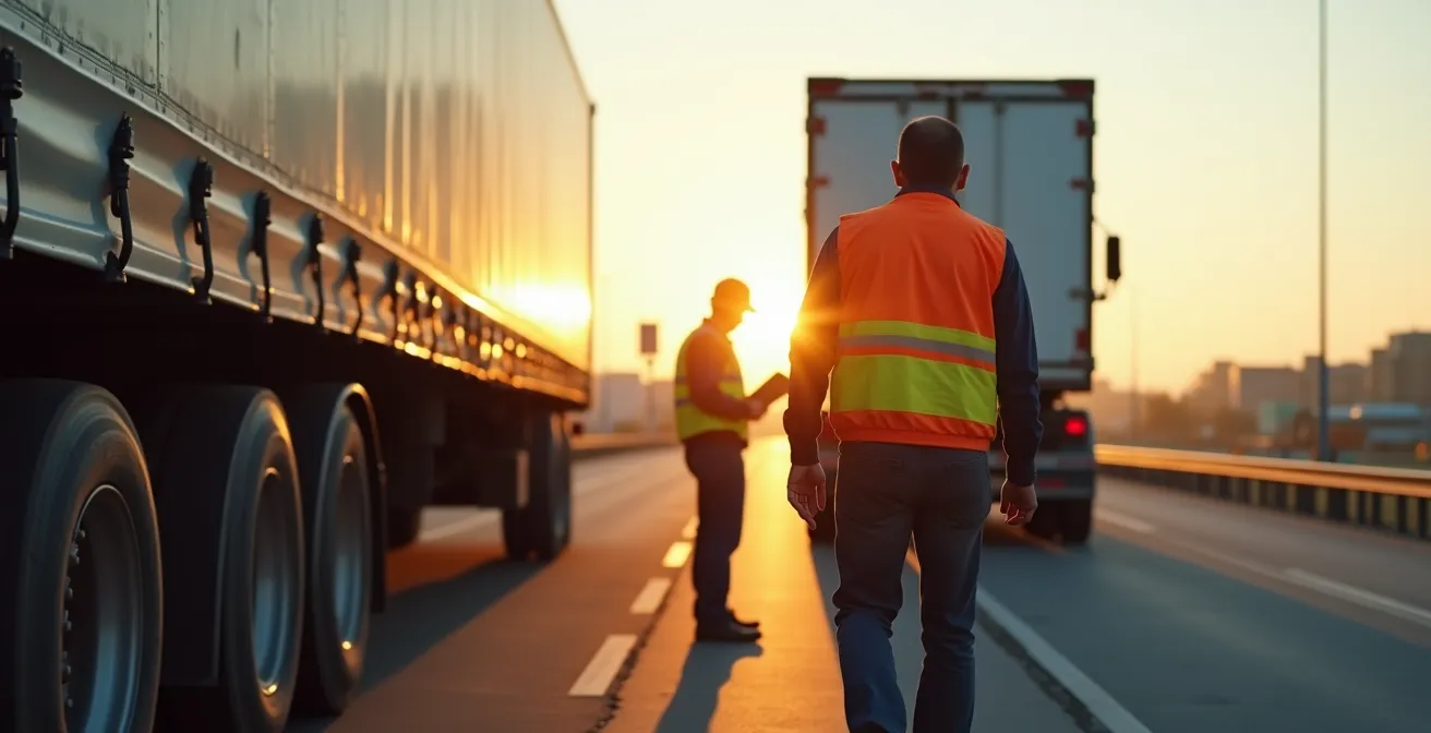 Wide angle view of professional conducting systematic pre-trip trailer inspection
