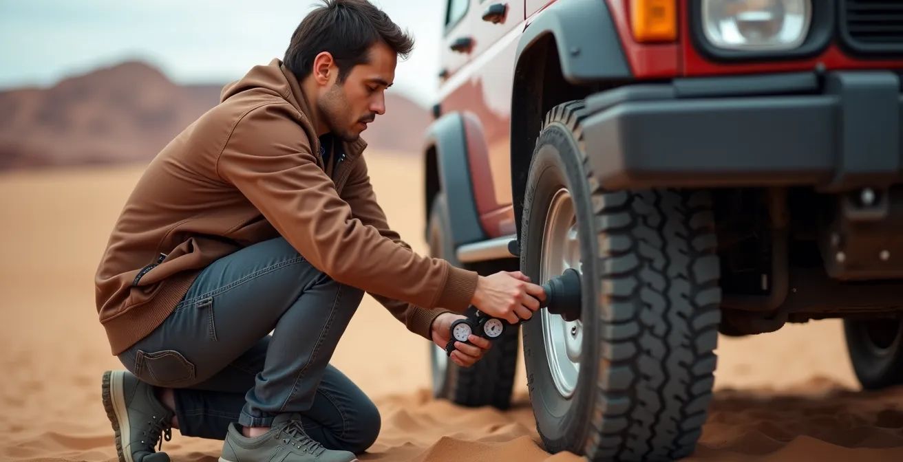 Driver checking tire pressure in sandy desert terrain
