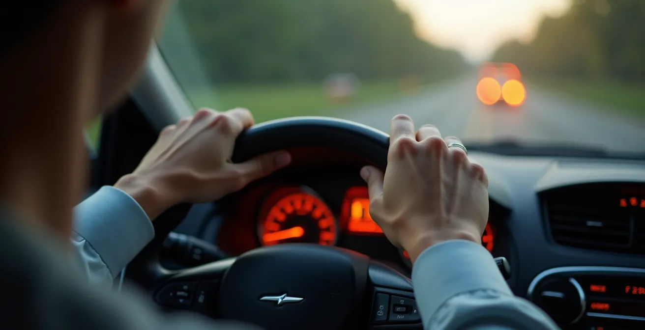 Driver's view of illuminated TPMS warning light on dashboard