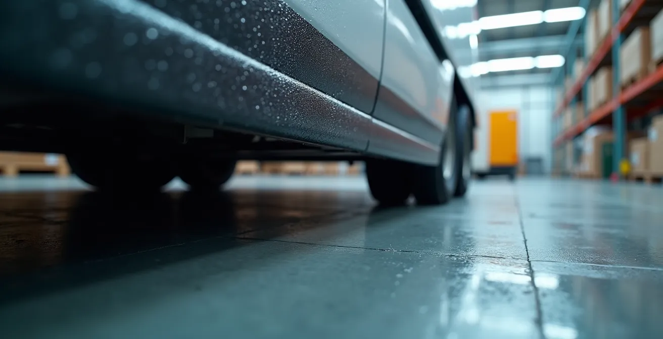 Close-up view of trailer skirt and aerodynamic fairings installation