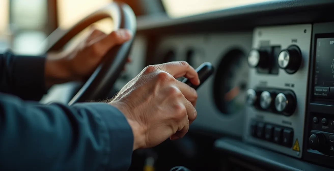 Close-up view of professional trailer brake controller adjustment in truck cabin