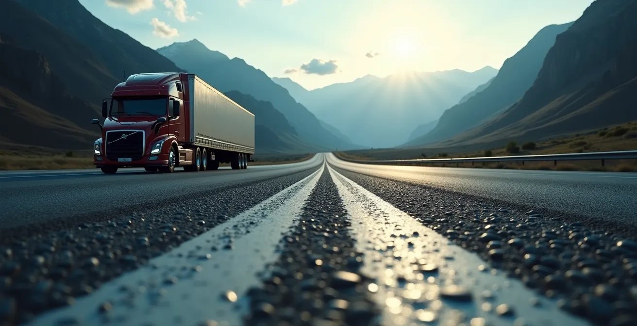 Semi-truck using momentum-friendly routing on mountain grade with elevation changes