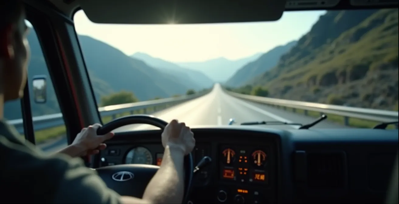 Heavy freight truck navigating uphill grade on mountain highway showing engine strain and speed reduction