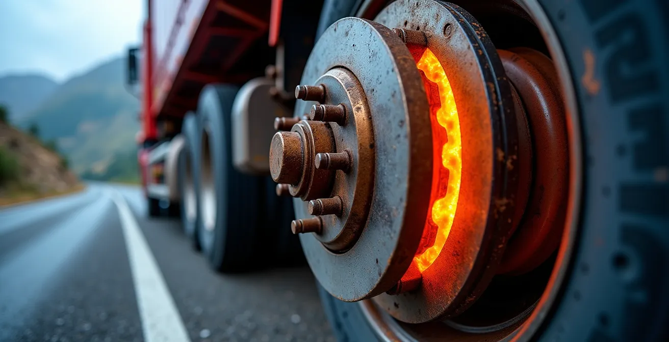 Close-up view of truck brake system components during mountain descent showing heat dissipation