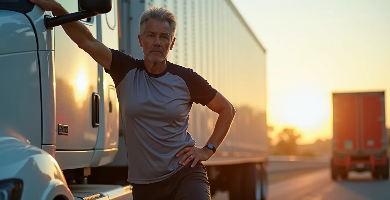 Professional driver performing stretching exercises beside his truck at a highway rest area