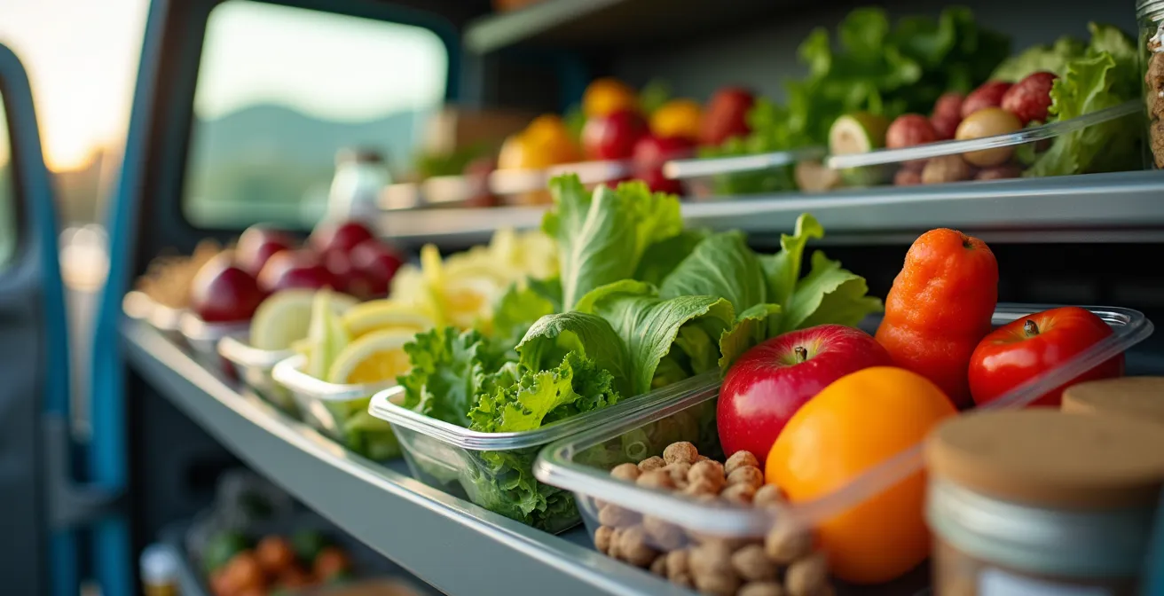 Organized cooler with pre-prepared healthy meals and snacks for a truck driver
