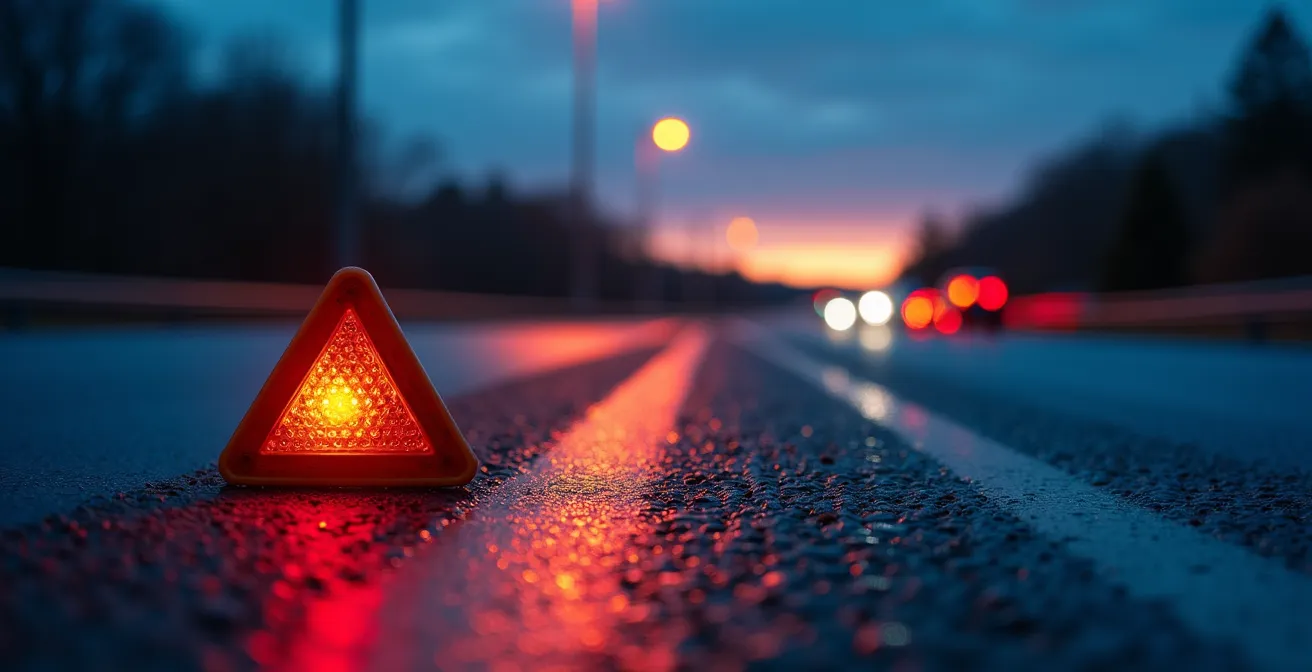 Highway at twilight showing limited visibility conditions