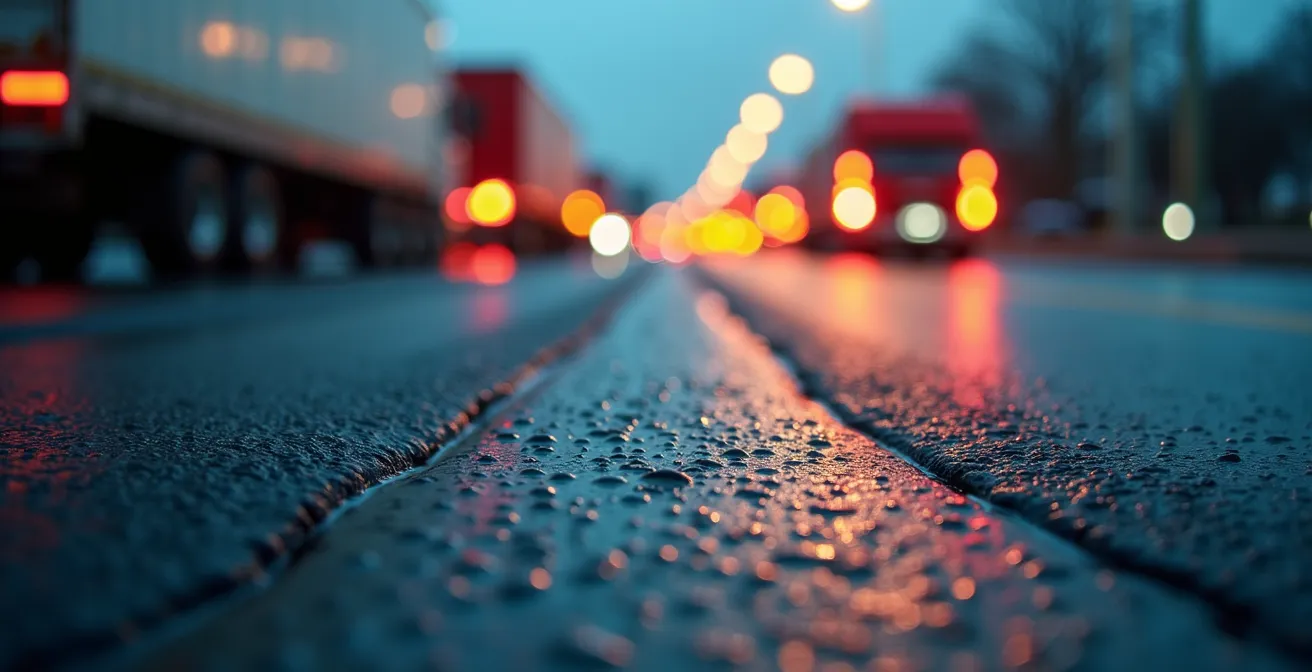 Dense urban highway with freight trucks navigating through multiple lanes surrounded by city skyscrapers