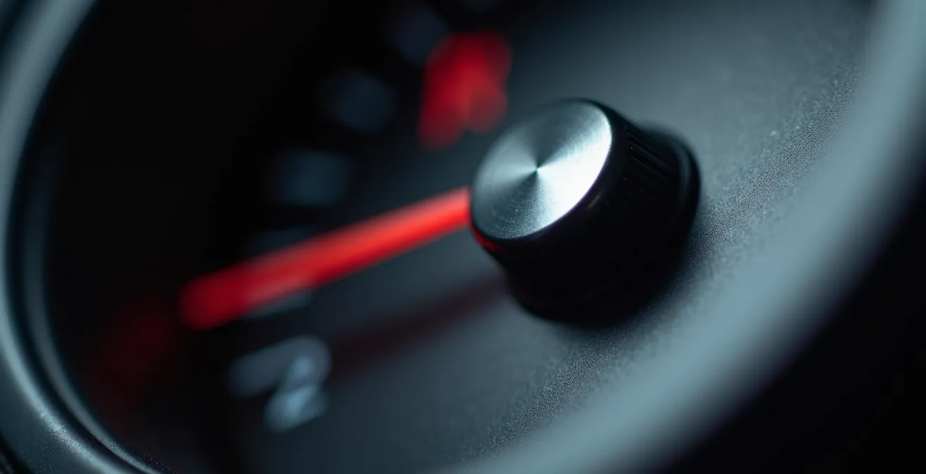 Macro shot of vehicle temperature gauge needle approaching red zone