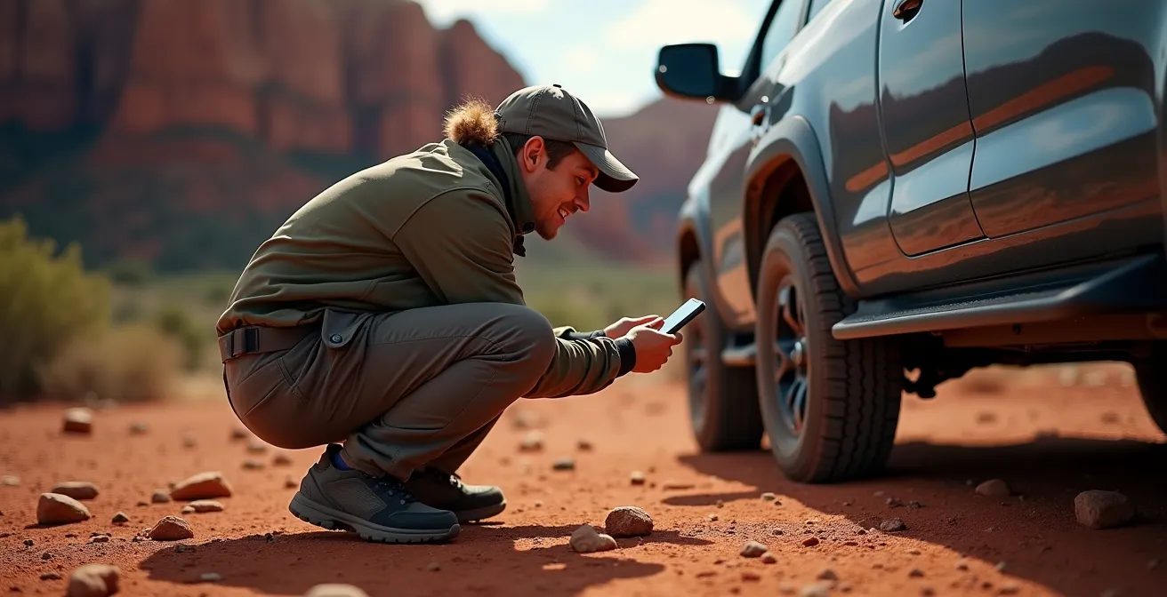 Driver photographing vehicle undercarriage for warranty documentation