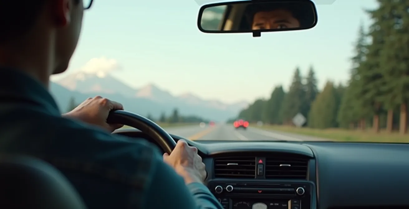 Driver's perspective showing visual attention zones from far horizon to immediate surroundings