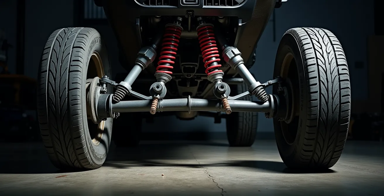 Detailed view of worn ball joint and control arm bushings