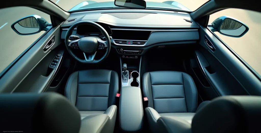 Wide angle view of empty driver seat from above showing geometric patterns of safety sensors