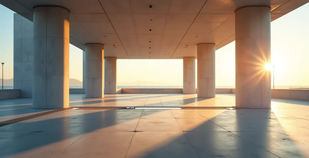 Minimalist architectural view of charging stations with dramatic shadows and clean lines